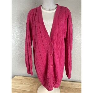 Pink Long Cardigan Knit Bright Pink Sweater Chunky V-Neck Cable Knit Size Small
